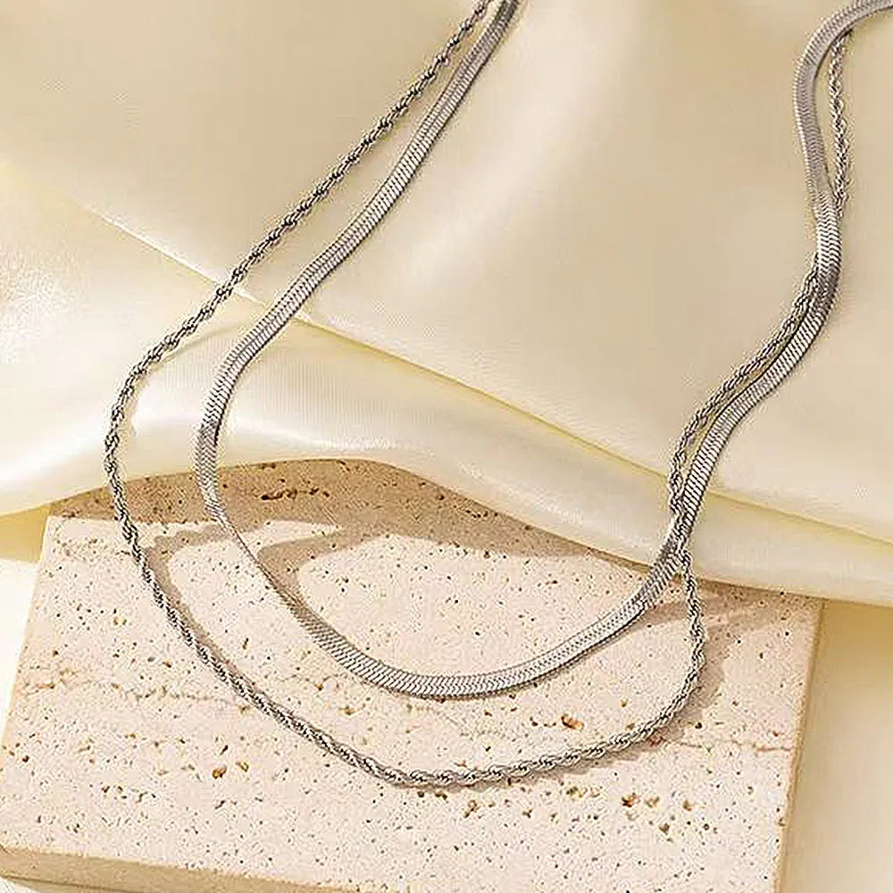 Women’s retro double-layer twist stainless steel necklace with geometric pendant, 21cm-50cm