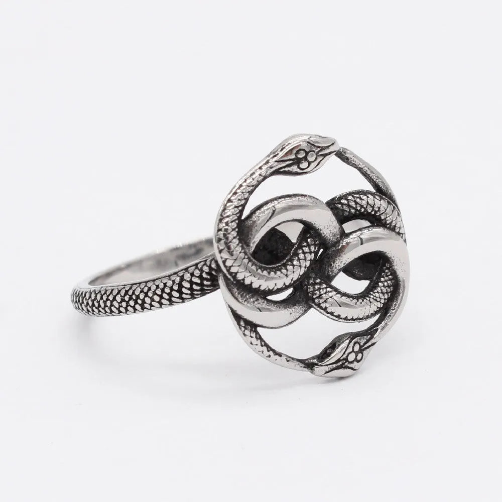 Steel coloured titanium steel double snake ring with a retro design on a finger.