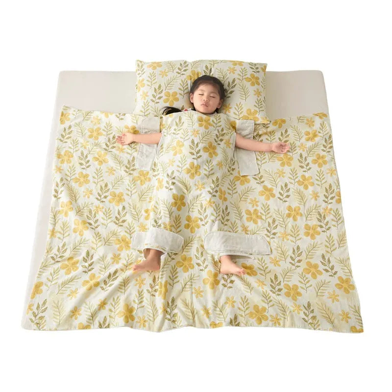 Anti-kick sleeping bag blanket in a printed colour design, shown with an optional matching pillowcase.