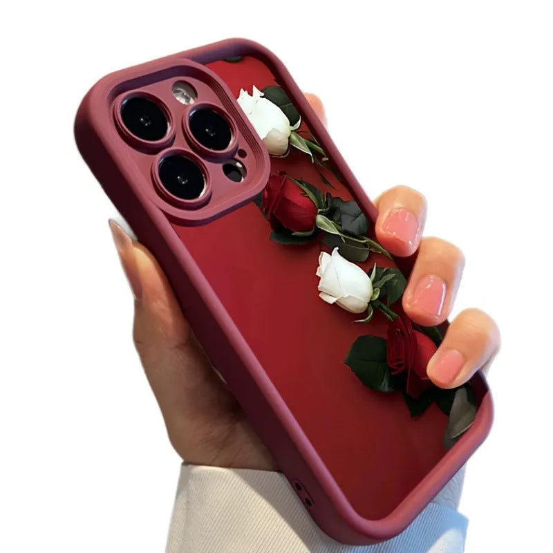 Frosted TPU phone case in wine red with white rose print for Apple iPhone