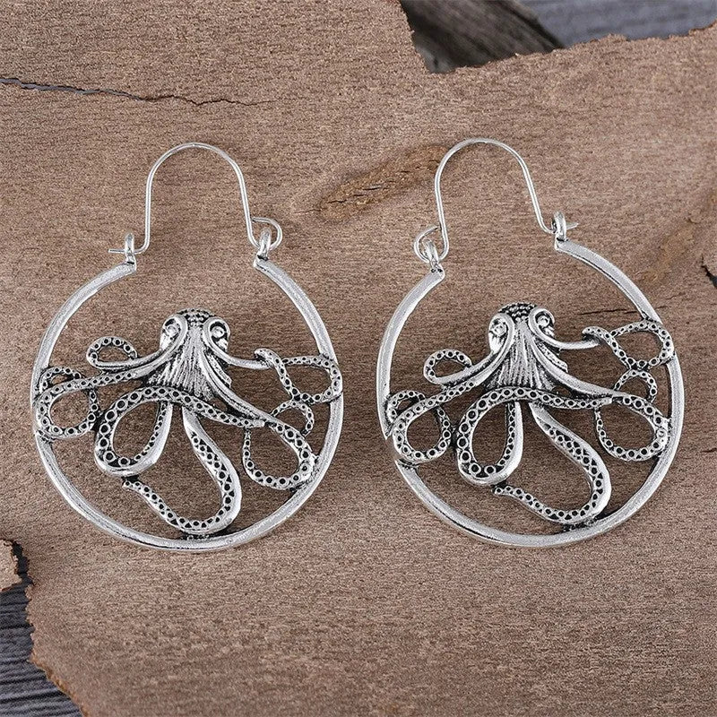 Vintage antique silver octopus earrings with electroplated finish