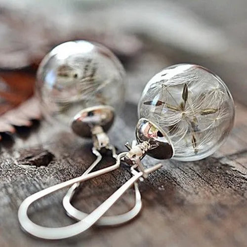 Transparent glass dandelion earrings with 16mm ball and French hook in silver finish
