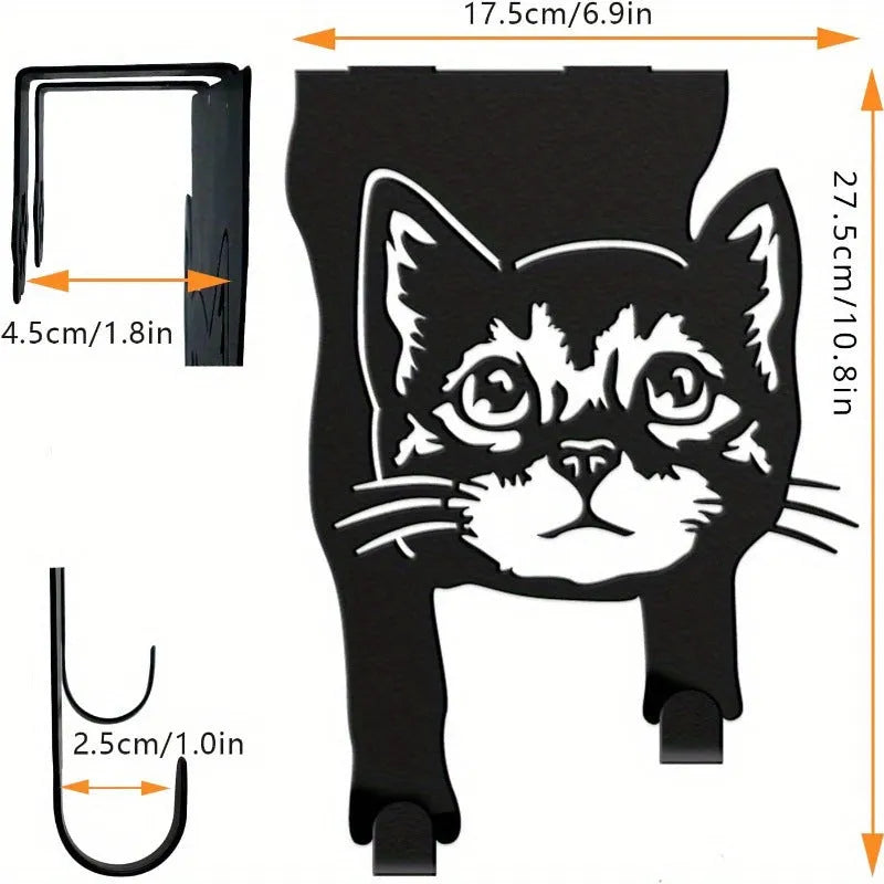 Black decorative iron cat wall hook with punch-free adhesive mounting system