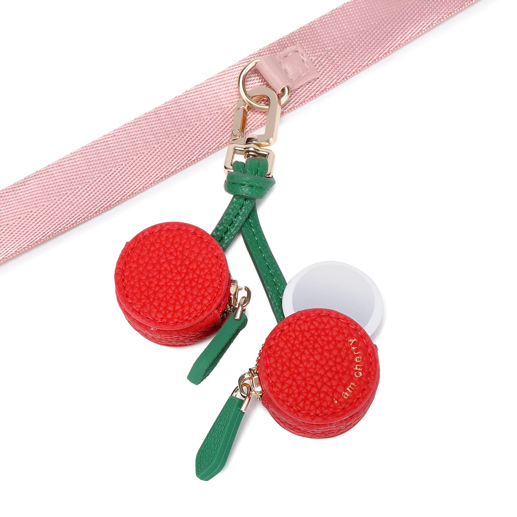 Mini coin bag keychain in cherry red, blueberry blue and orange colours with leather attachment