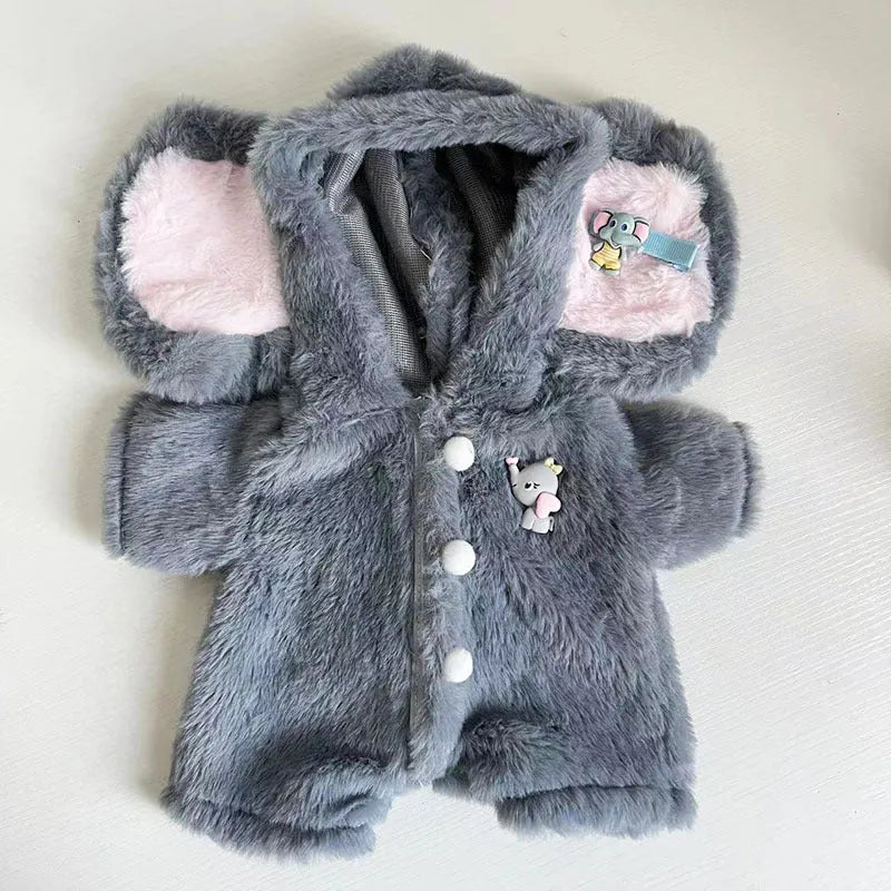 Grey elephant print plush jumpsuit for a 30cm tall doll or teddy bear.