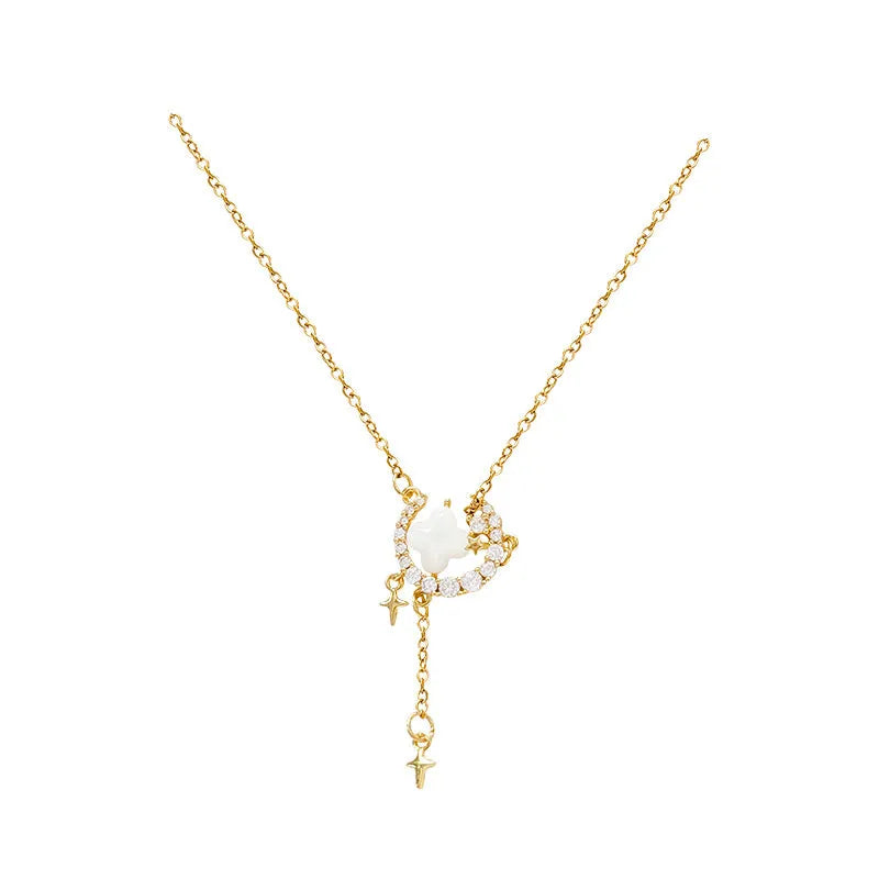 Women's star moon zirconium necklace with adjustable chain in gold or silver finish