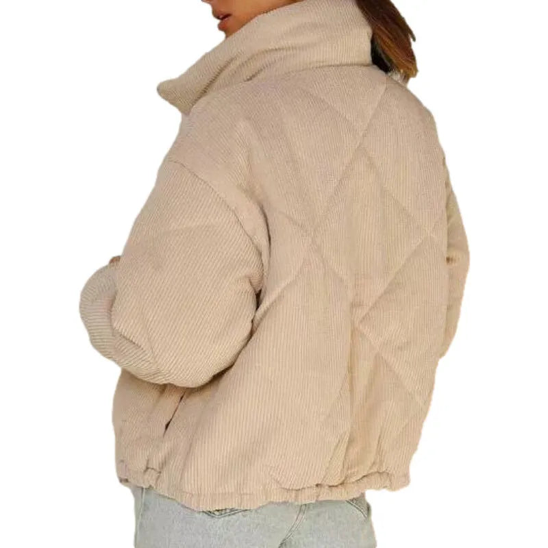 Apricot women's corduroy jacket with stand collar and full-length zipper