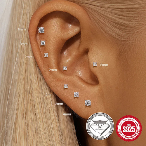 925 sterling silver geometric petal diamond stud earrings showing nose ring, triangle and circular styles