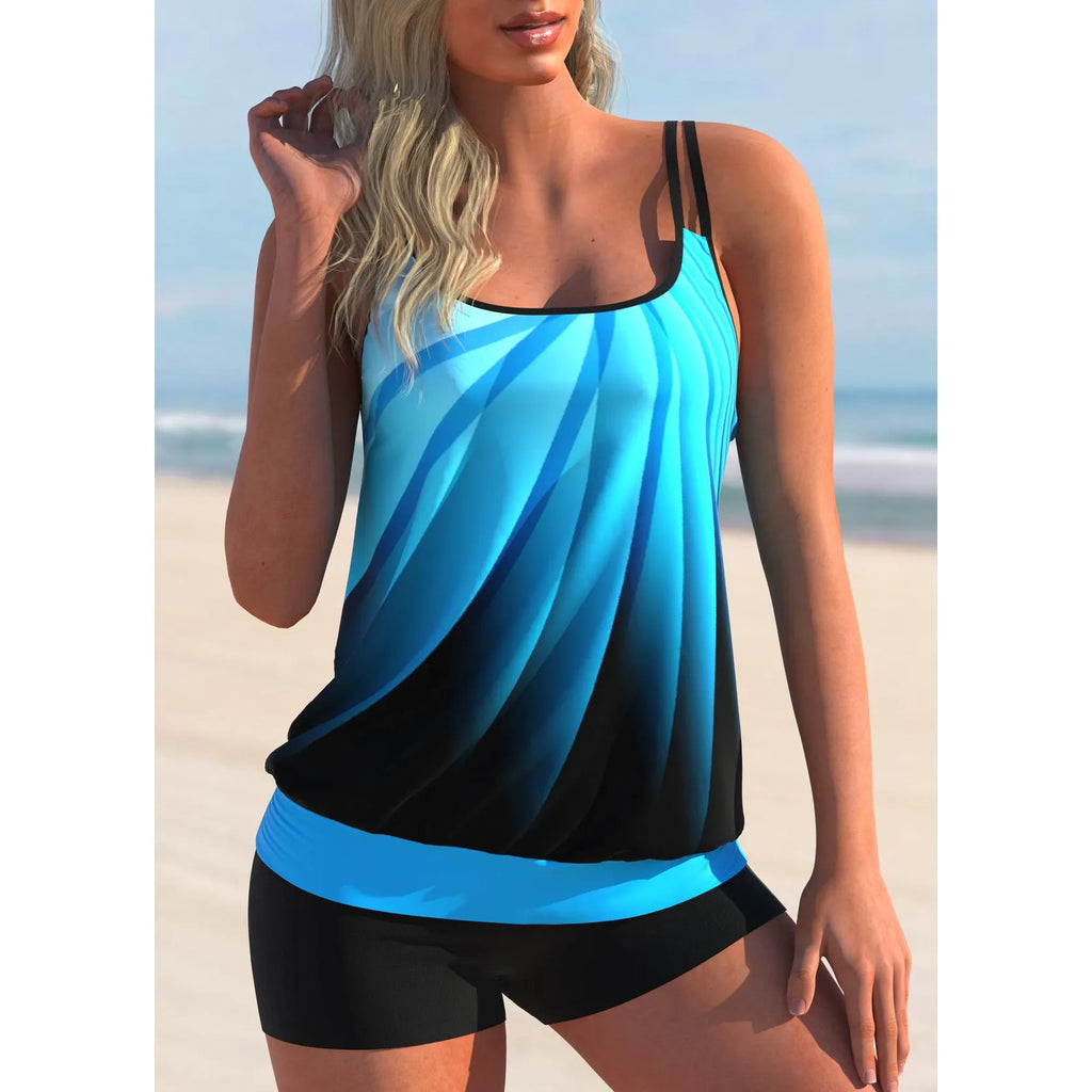 Women's plus size printed swimsuit set with strapped top and matching beach shorts in butterfly pattern.