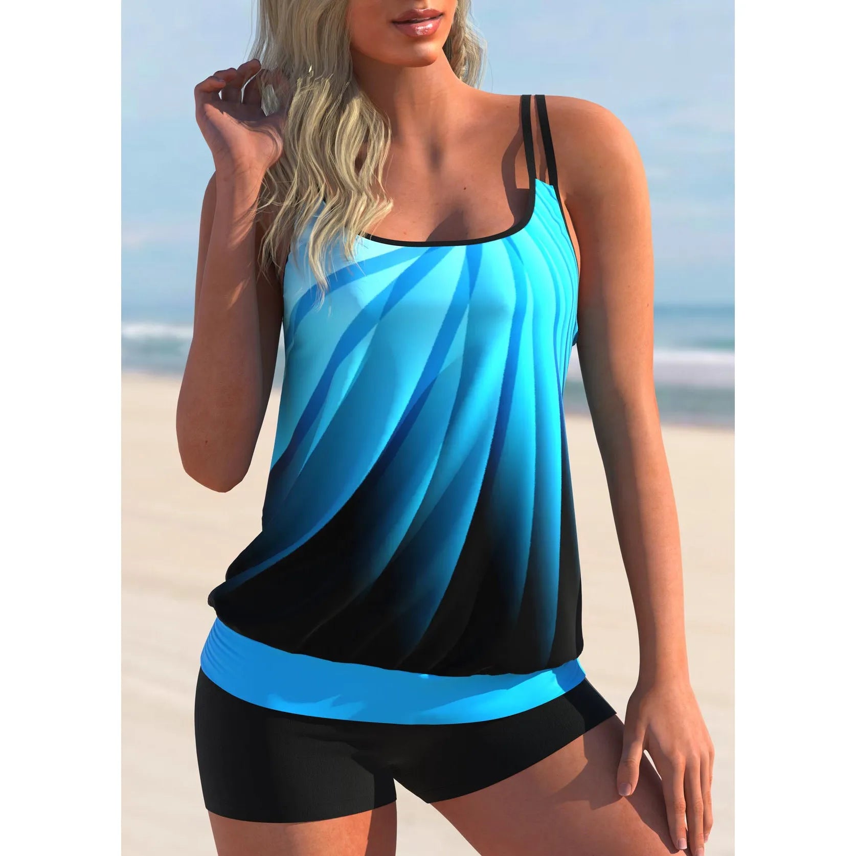 Women's plus size printed swimsuit set with strapped top and matching beach shorts in butterfly pattern.