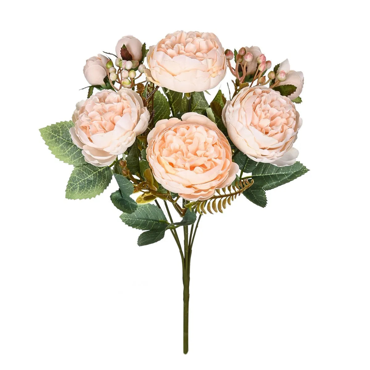 Artificial silk peony bouquet in a vase, showcasing weighted stems and champagne-coloured blooms.