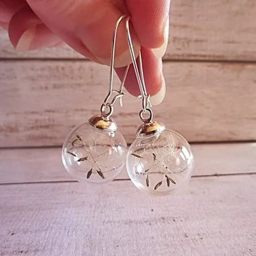 Transparent glass dandelion earrings with 16mm ball and French hook in silver finish