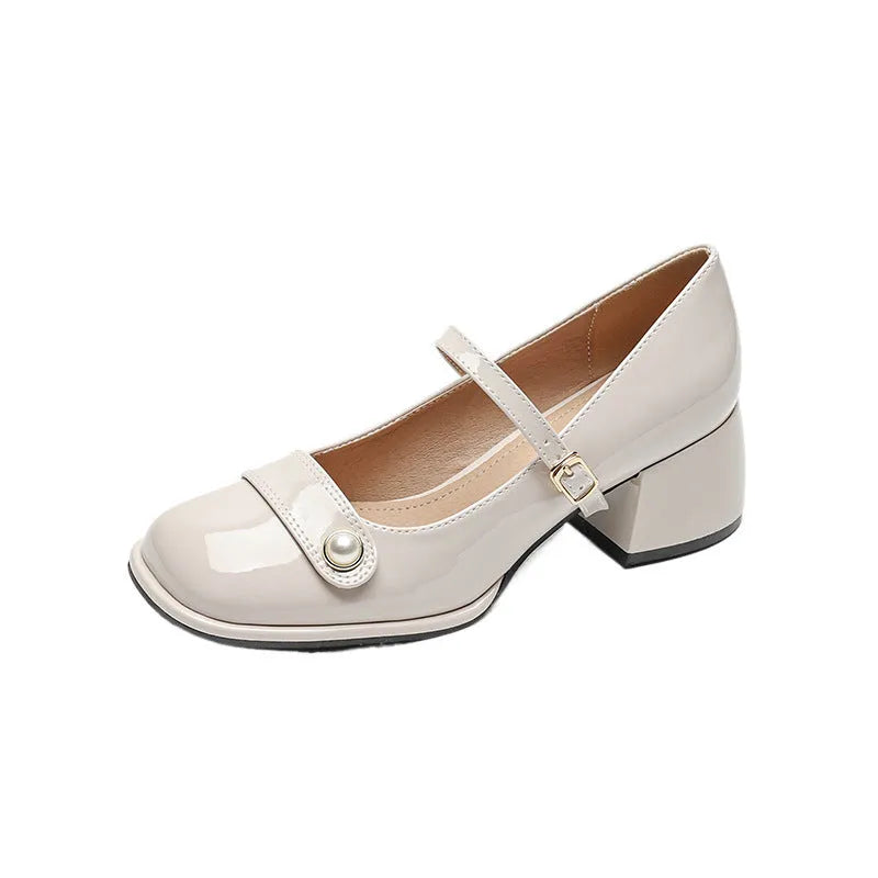 Women's apricot patent leather chunky heel hiking shoes with square toe and buckle fastening