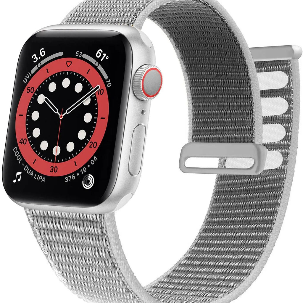 Woven nylon Apple Watch strap in multiple colours including reflective and rainbow patterns.