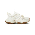 Women's beige platform running sneakers with round toe and lace-up design on white background