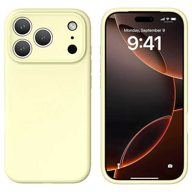 Simple solid colour liquid silicone phone case in antique white, fitted on an iPhone 17, showing shockproof and anti-fingerprint finish
