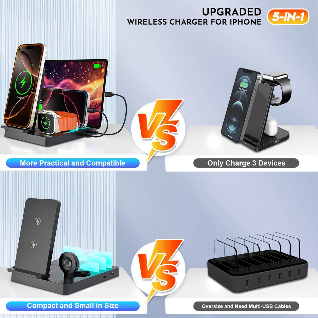 Desktop five-in-one magnetic charger in black plastic and alloy for smartphone smartwatch earbuds