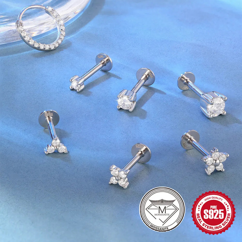 925 sterling silver geometric petal diamond stud earrings showing nose ring, triangle and circular styles