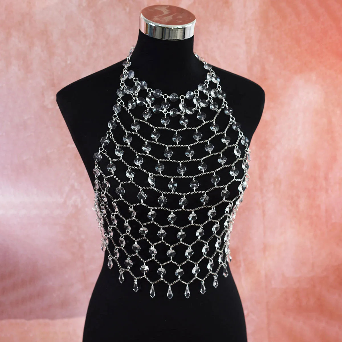 Transparent acrylic crystal sequins body chain chest necklace jewellery in hand-woven construction
