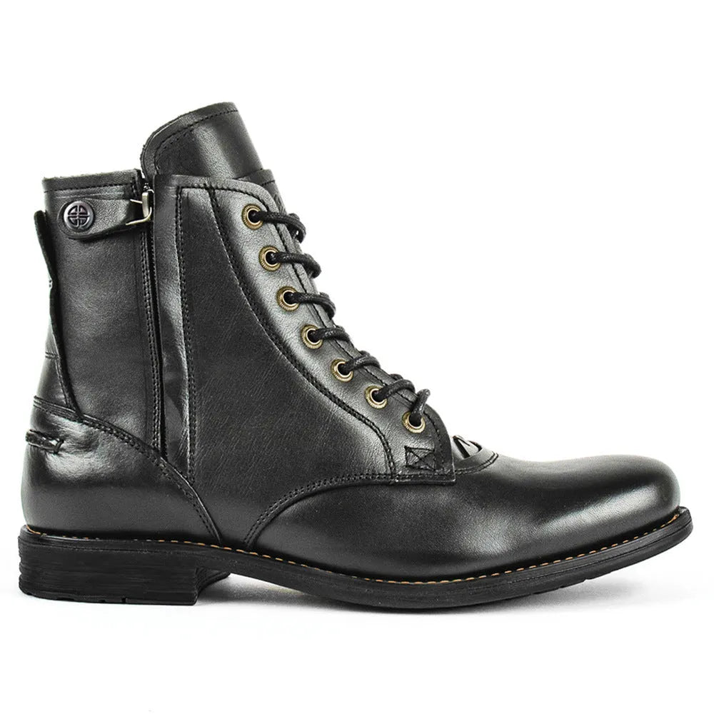 Men's black and brown two-tone leather boot with a side zip and low heel.
