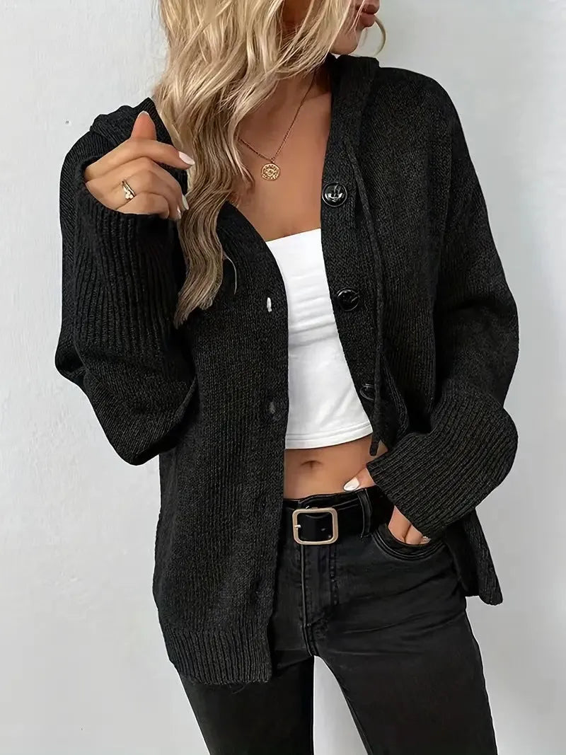 A grey thick cotton hooded cardigan sweater with a single-breasted button front and regular long sleeves.