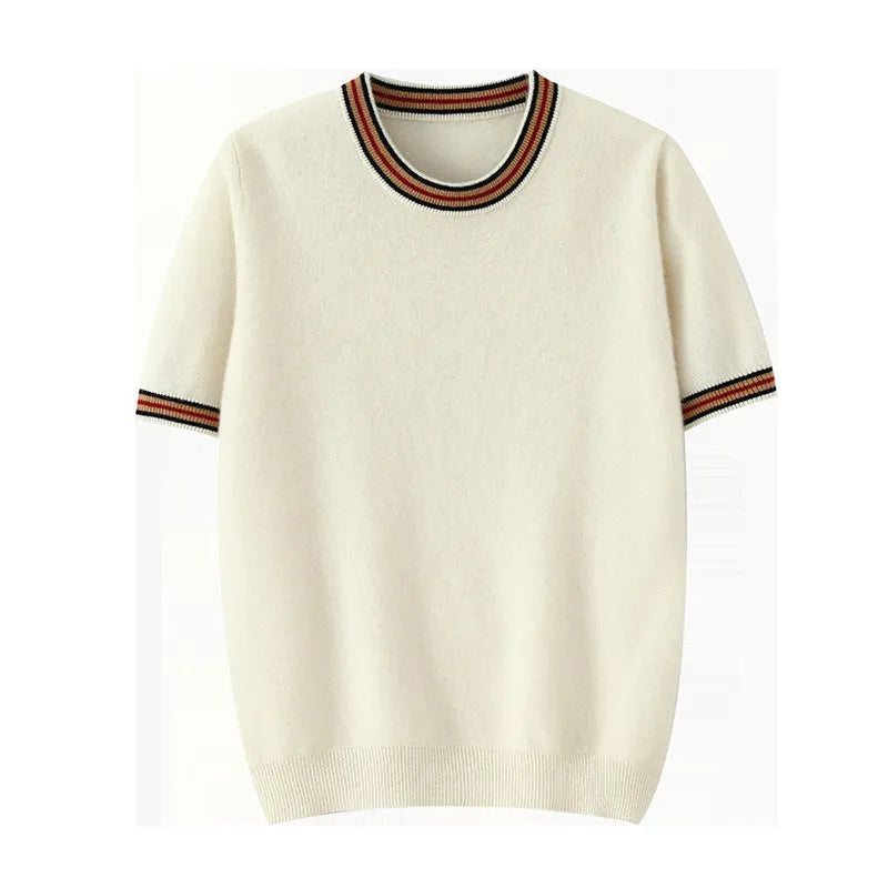 Men's round neck short sleeve pure wool sweater in grey on a hanger.