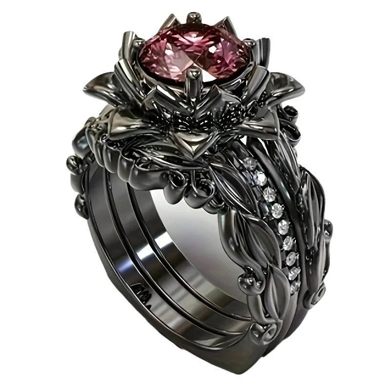 Women's rose inlaid zircon ring in geometric shape with floral elements on finger