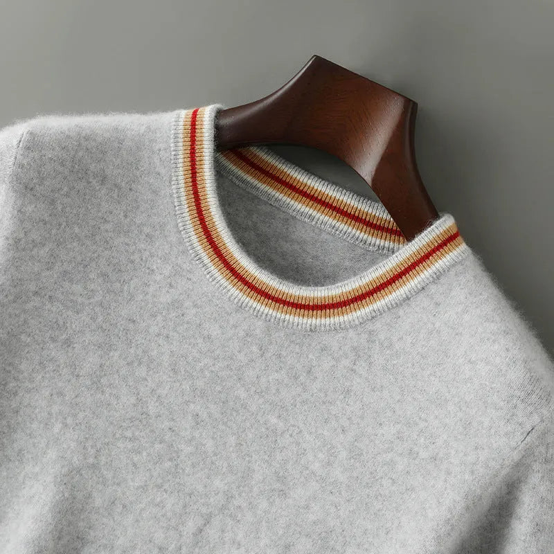 Men's round neck short sleeve pure wool sweater in grey on a hanger.