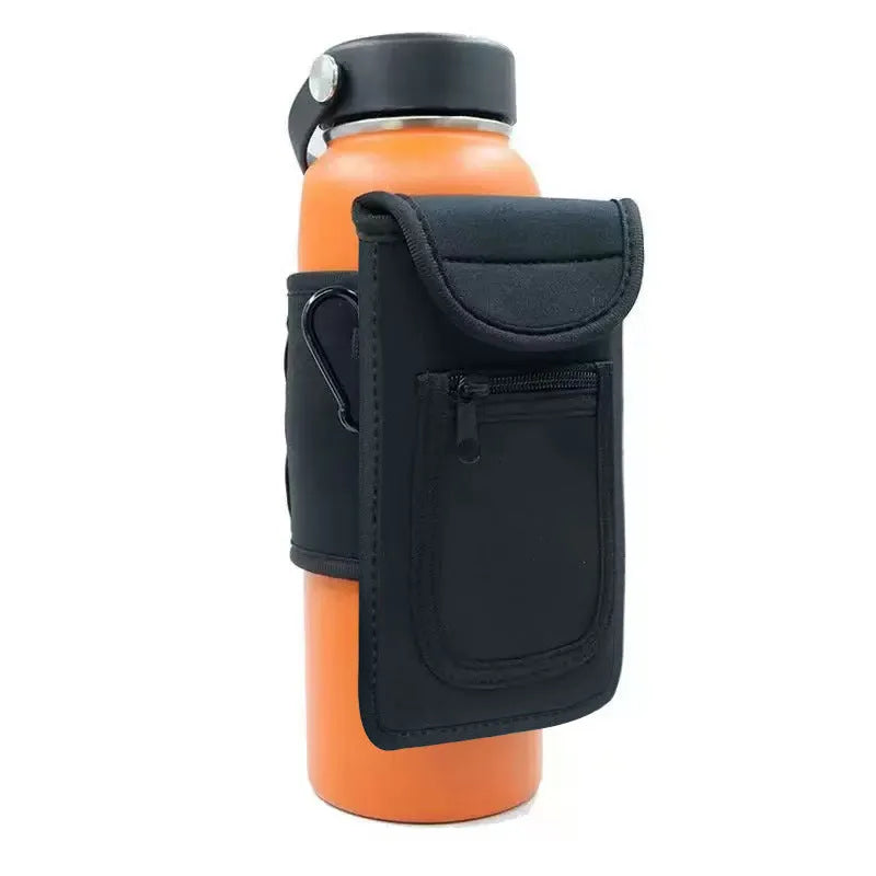 Fitness water bottle cover in cloth with a choice of magnetic clasp or carabiner clip in various colours.