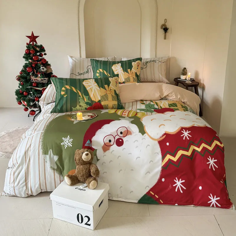 Christmas cartoon print bedding four-piece set on a bed, showing duvet cover and pillowcases in a festive pattern.