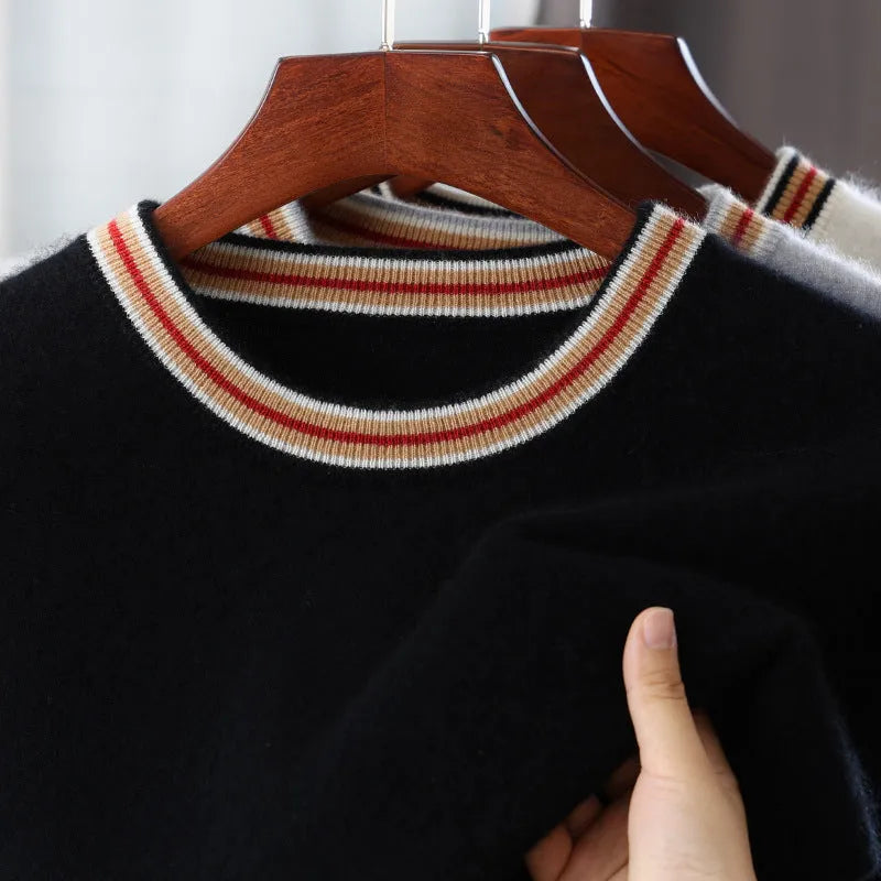 Men's round neck short sleeve pure wool sweater in grey on a hanger.