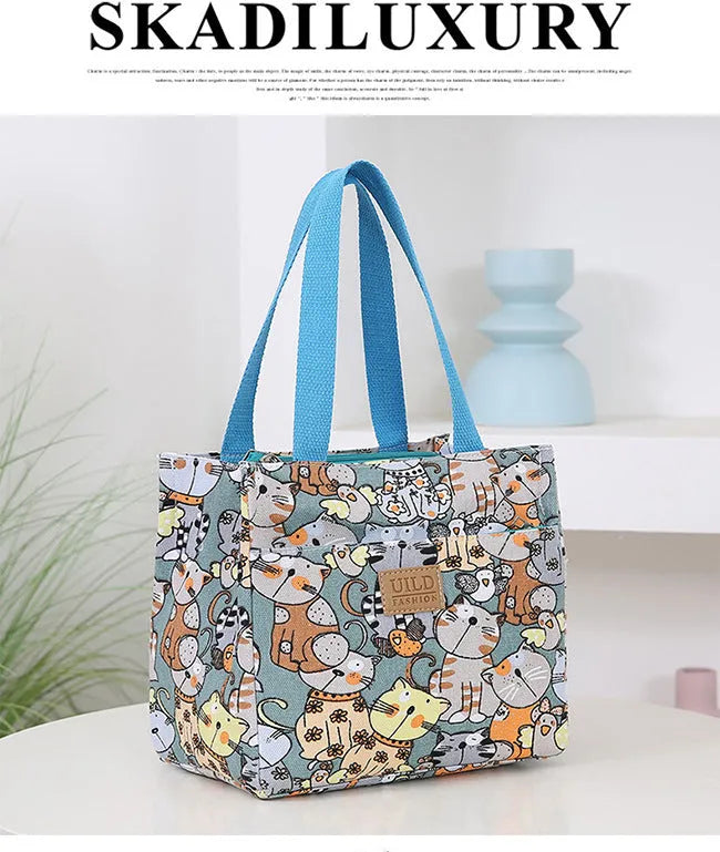 Women's printed canvas tote bag in a horizontal square shape with floral and cat design options.