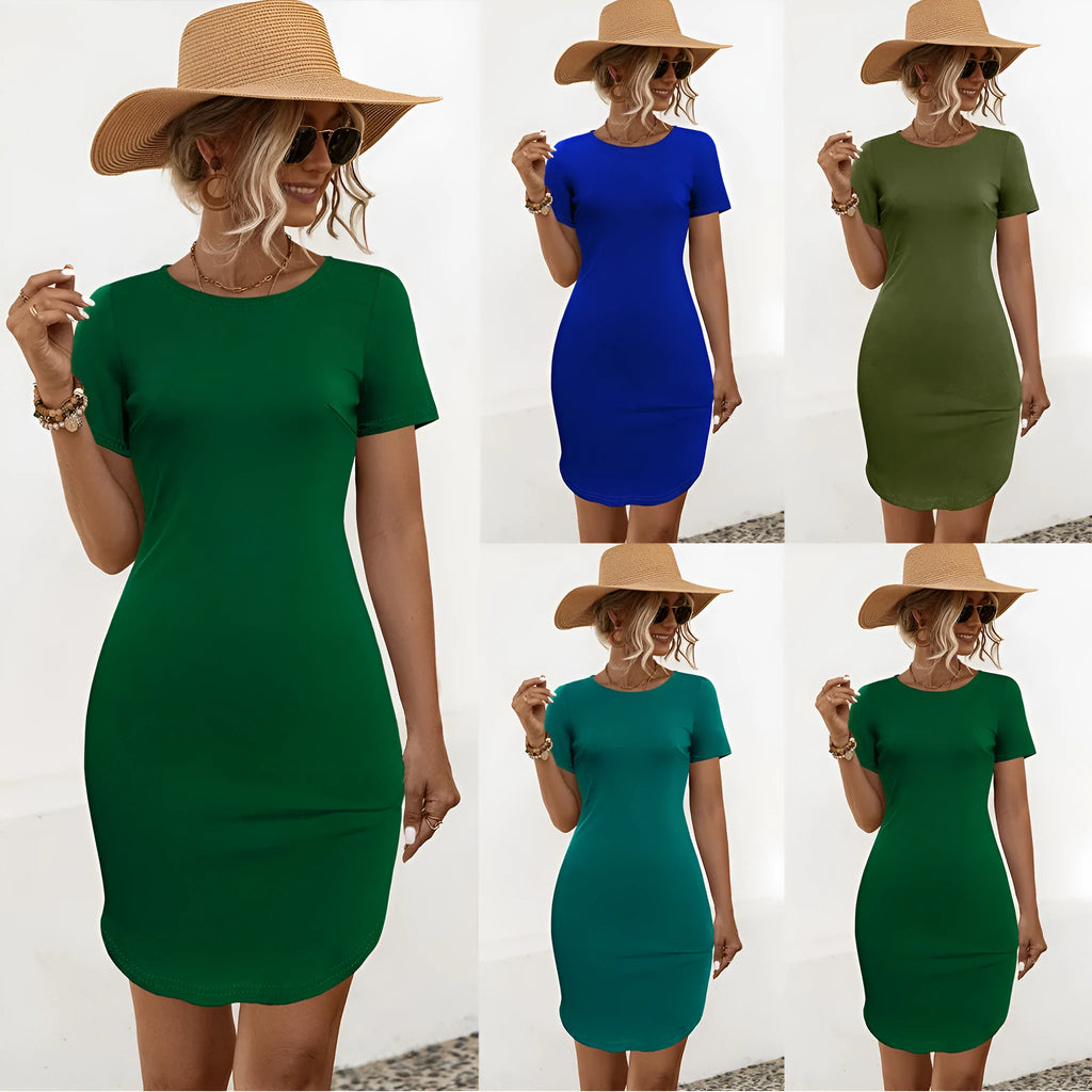 Women's slim dark green cotton blend dress with short sleeves and a U-shaped split design