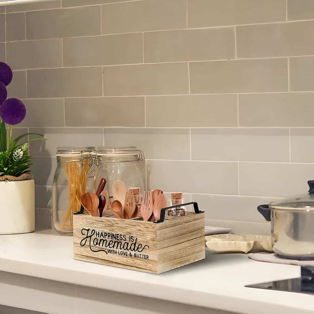 Large wooden kitchen storage box with internal grid divider for organising utensils.