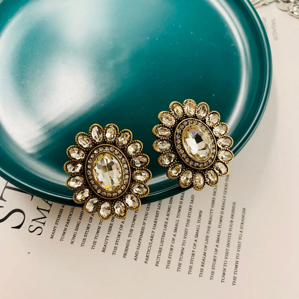 Western retro full inlaid earrings electroplated mixed material drop and geometric design for women