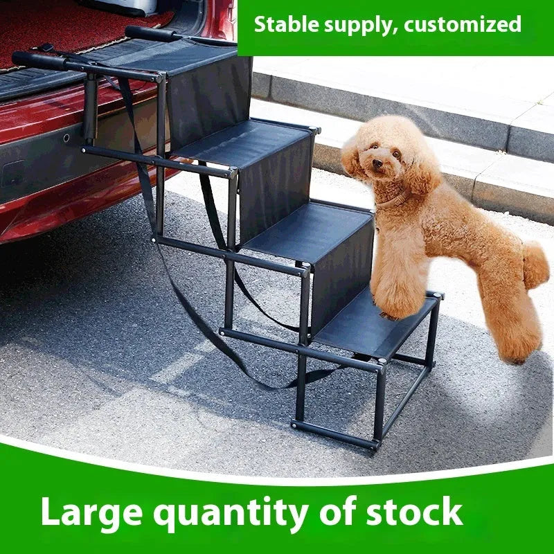 Folding stainless steel dog ladder ramp in navy blue, shown extended next to a car.