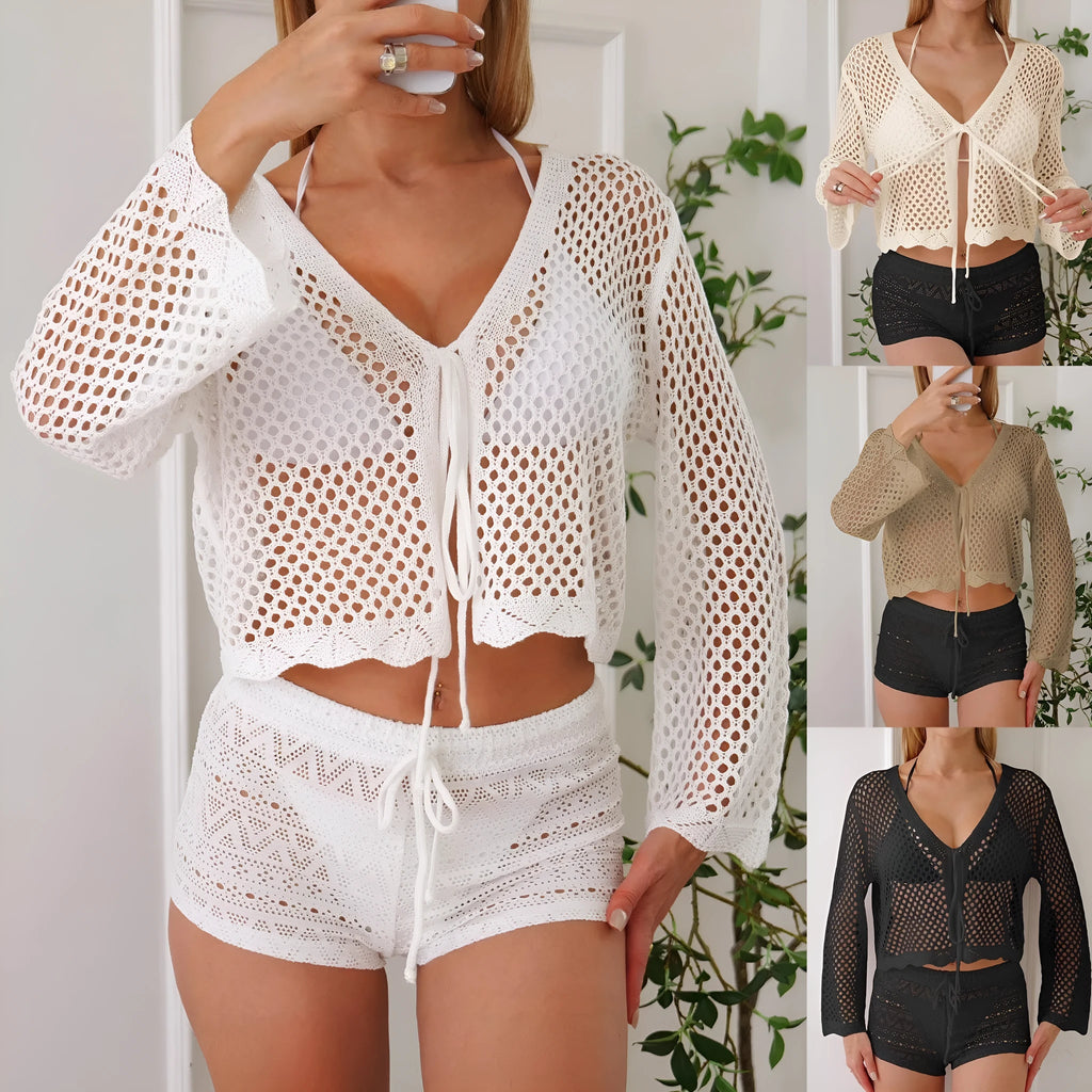 Short length women's cardigan blouse with bell sleeves in apricot colour.