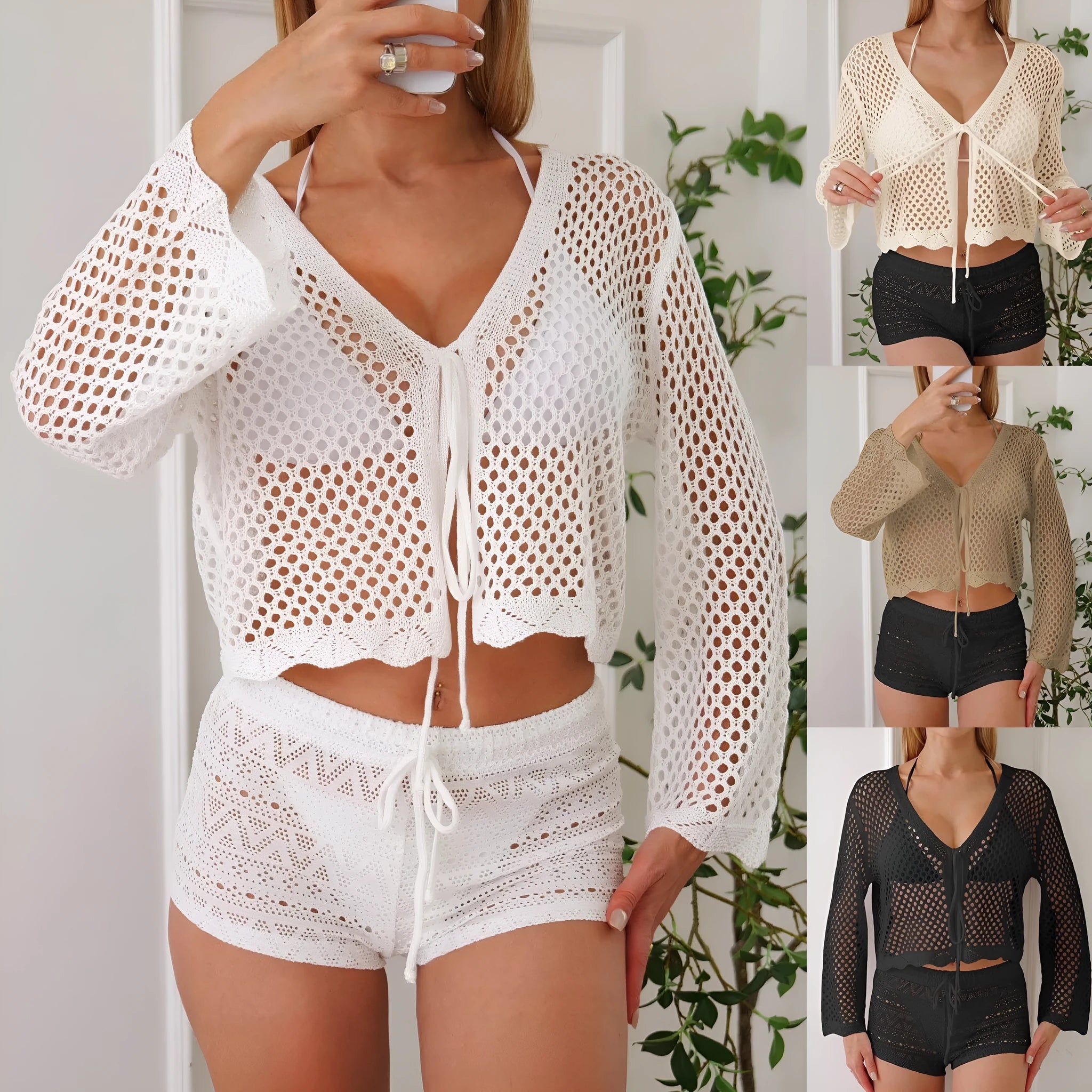 Short length women's cardigan blouse with bell sleeves in apricot colour.