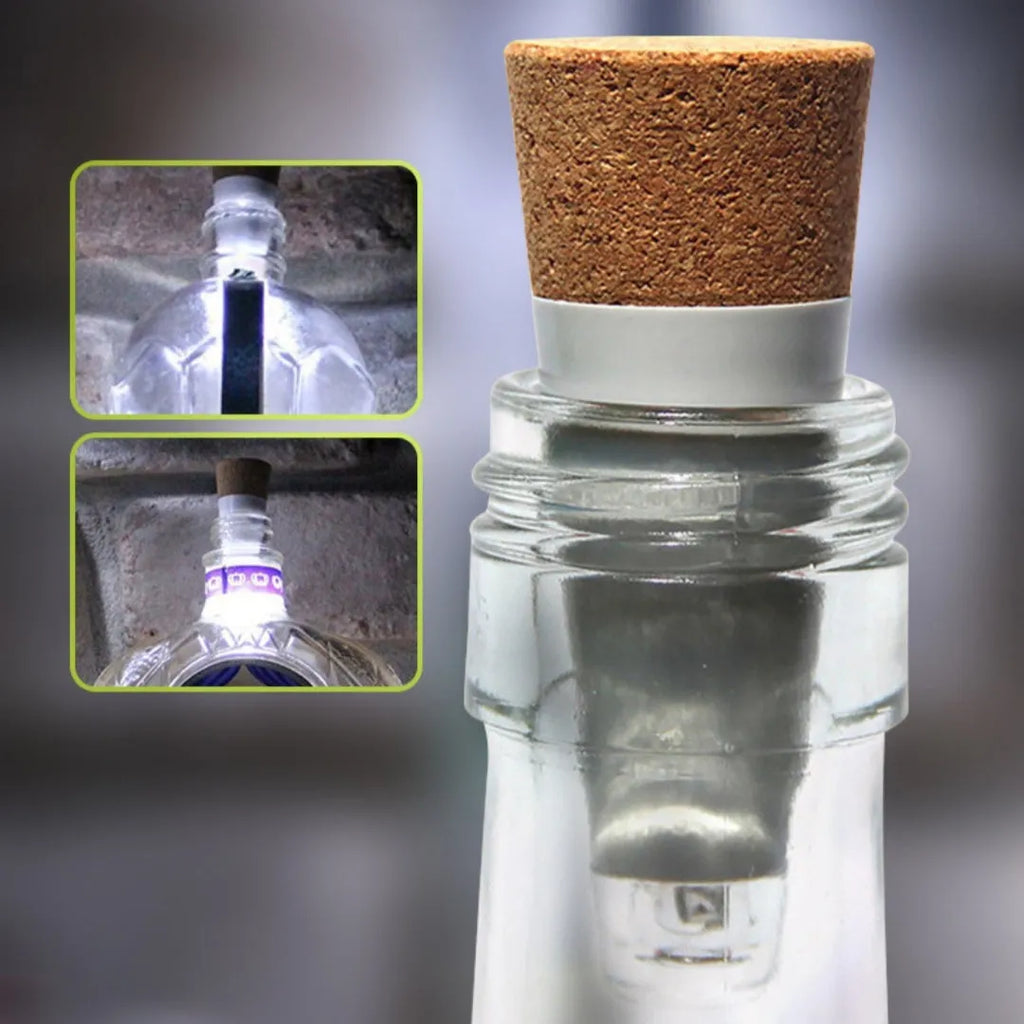 White plastic USB-rechargeable LED cork light for inserting into wine bottle neck.