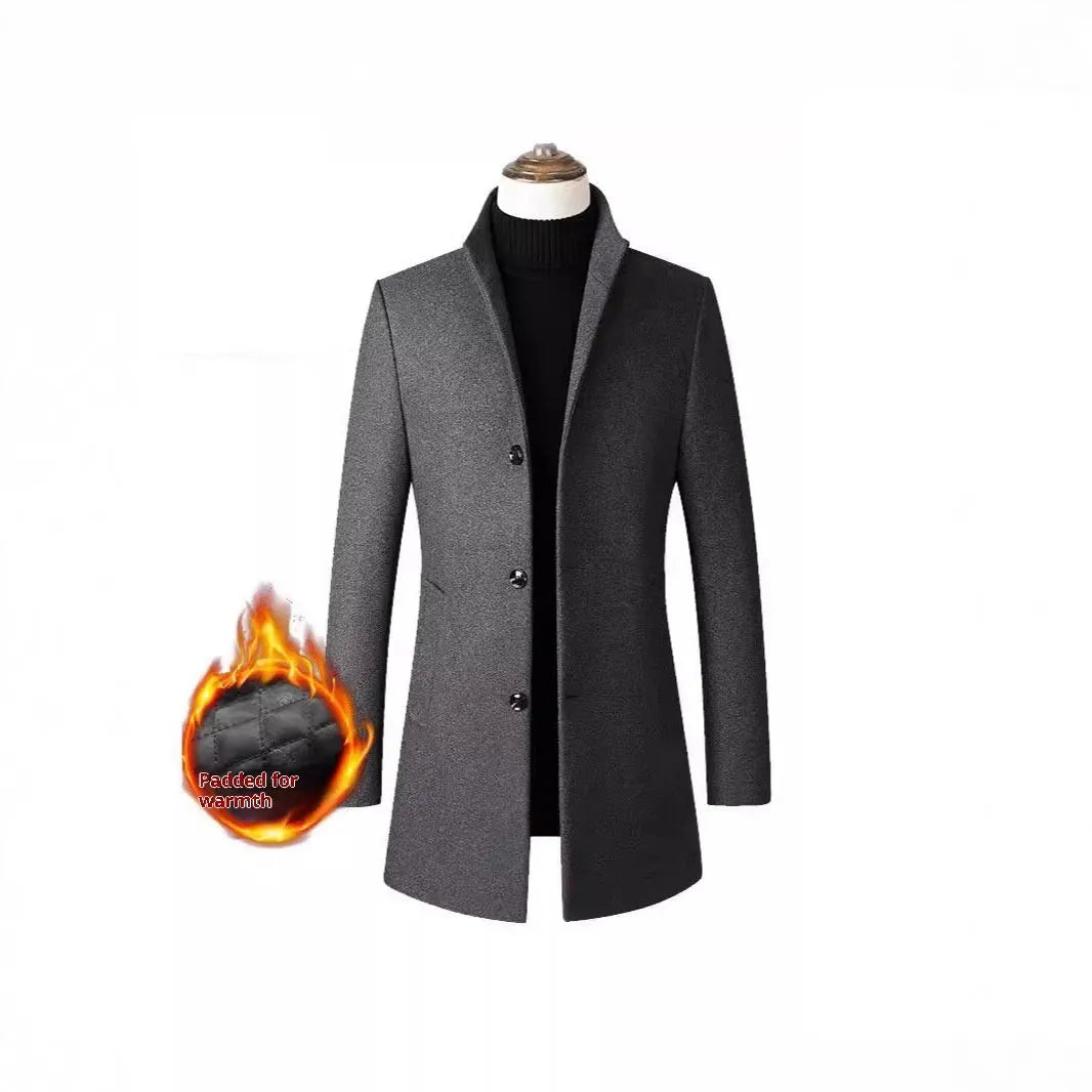 Men's single-breasted stand collar coat in solid colour with side pockets, wool-blend fabric, available in multiple colours and sizes