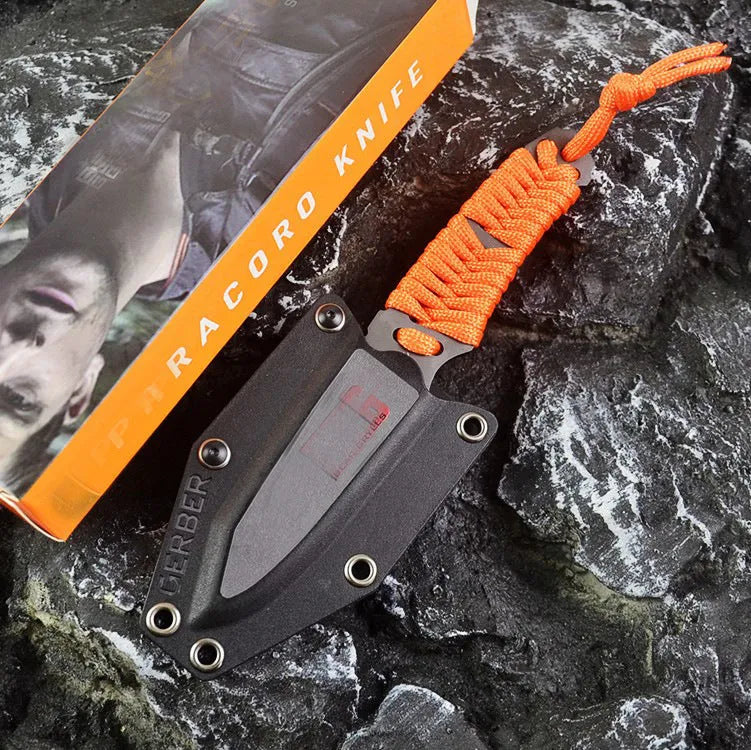 Multi-function survival knife with 80mm blade, binding rope handle and ABS sheath