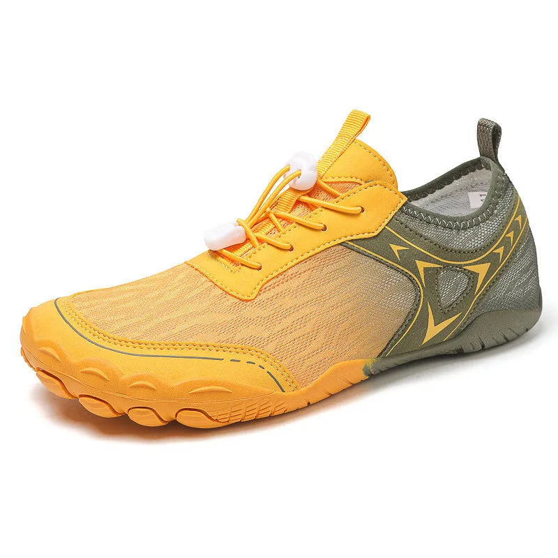 Five finger non-slip upstream shoes in army green with low-top Lycra upper and rubber sole.