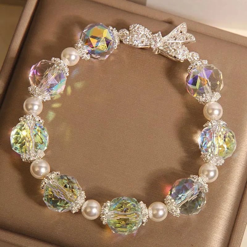 White crystal bracelet with Austrian white crystal diamond long bow and snowflake design for women