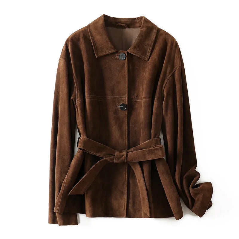 Yellow Brown retro cashmere coat with Peter Pan collar and leather stitching on a hanger.