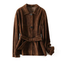 Yellow Brown retro cashmere coat with Peter Pan collar and leather stitching on a hanger.