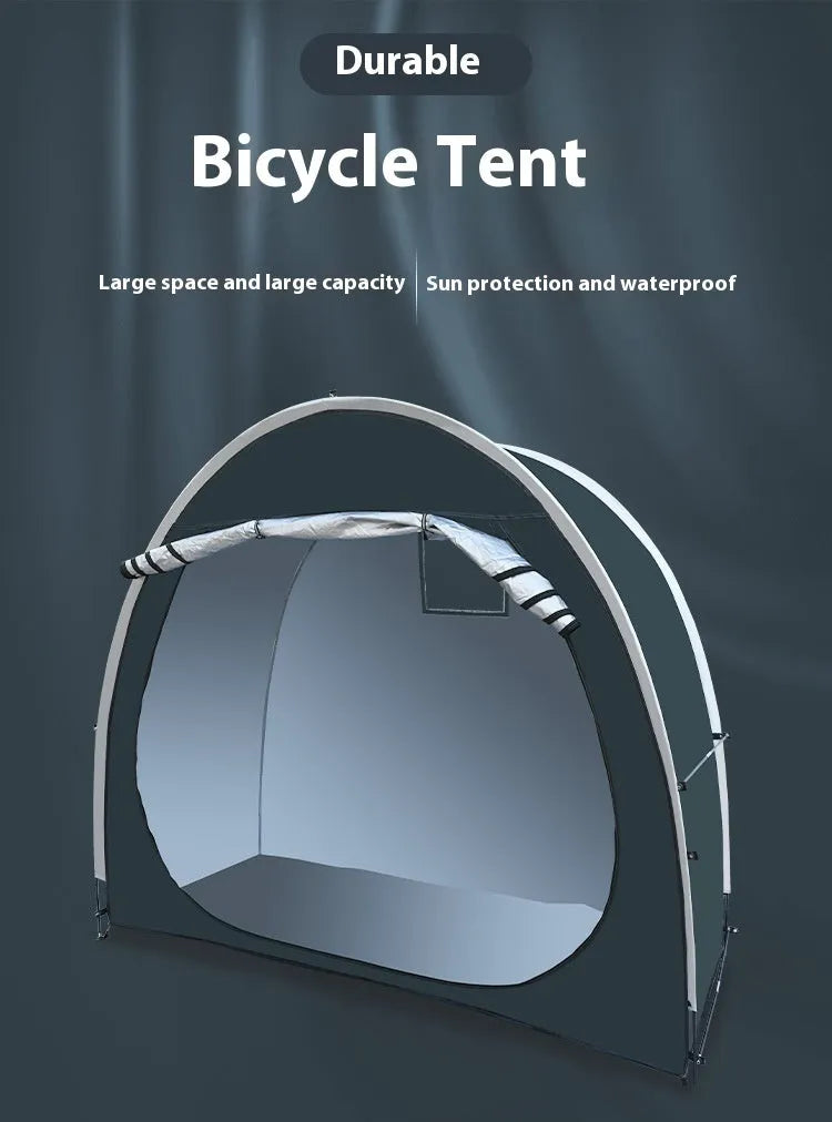 Large black outdoor bicycle storage tent showing roof design, suitable for 2-3 bikes.