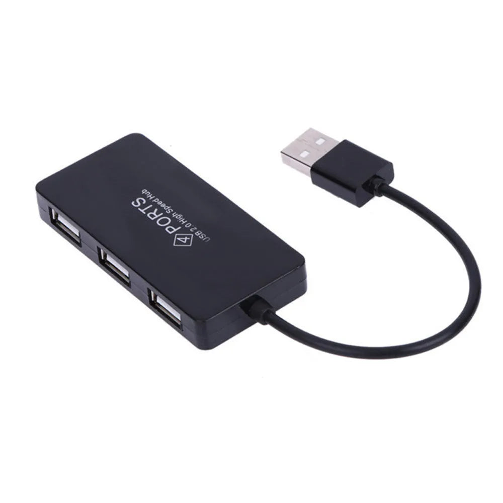 Compact black USB 2.0 4-port hub with switch, 70x30x10mm, 14.5cm cable