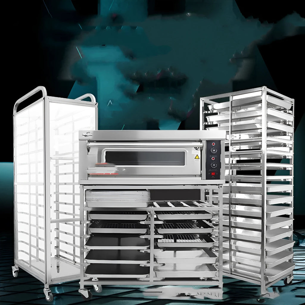 Stainless steel six-layer baking tray rack with locking mechanism for 40x60cm trays