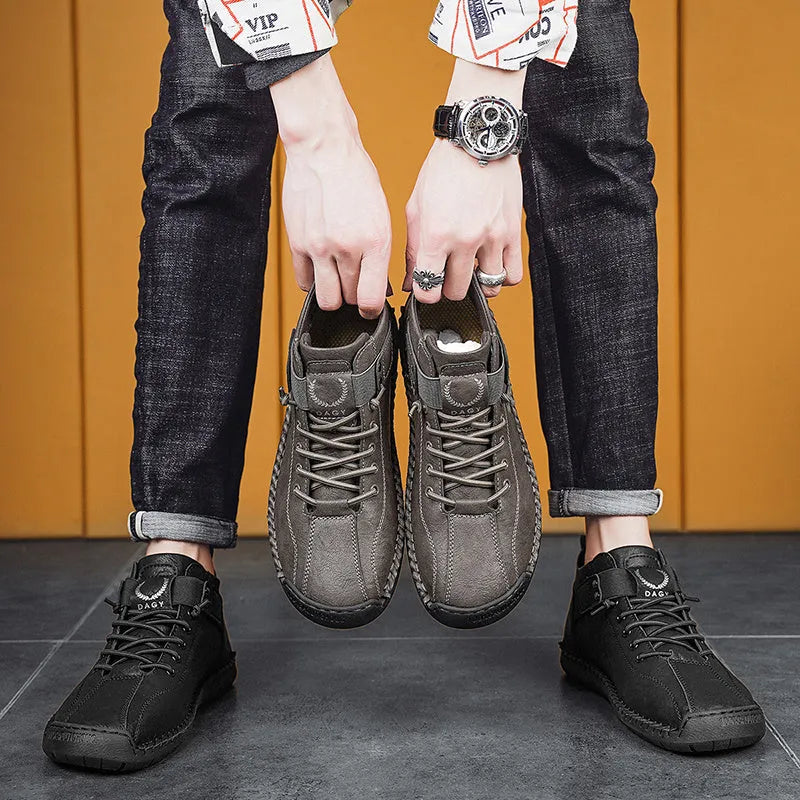 Men's casual sneakers in black with microfiber upper, rubber sole, lace-up front, and car stitching detail