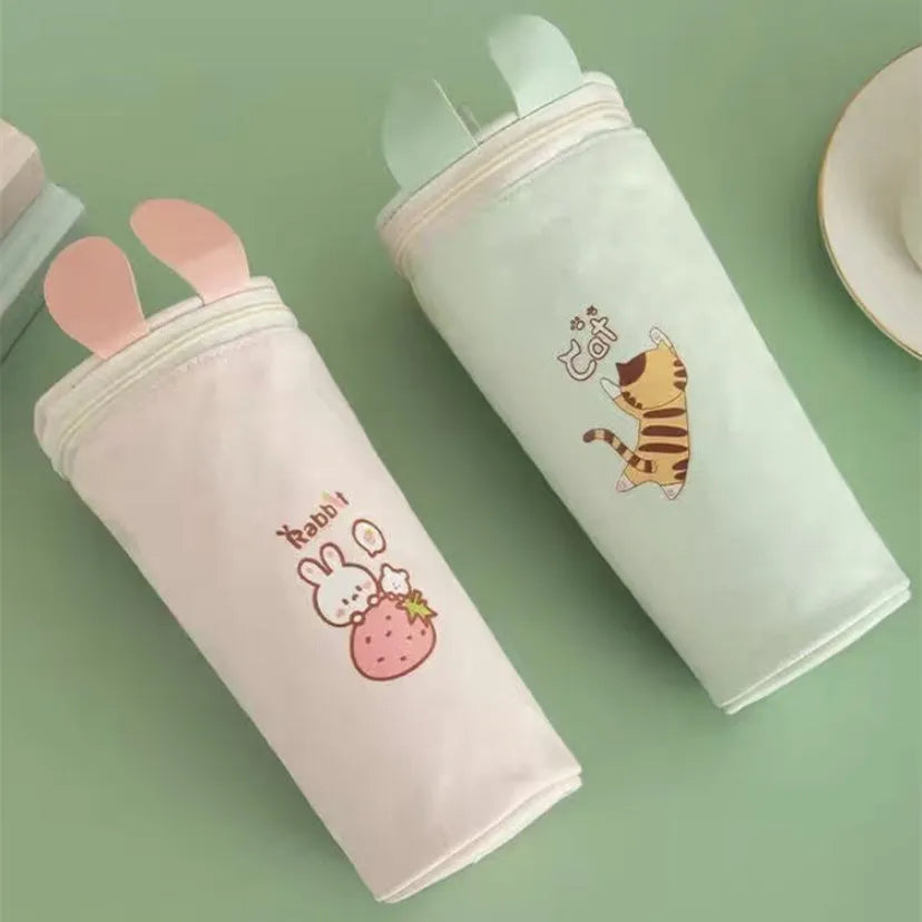 Round canvas pencil case with cartoon pattern for school stationery storage